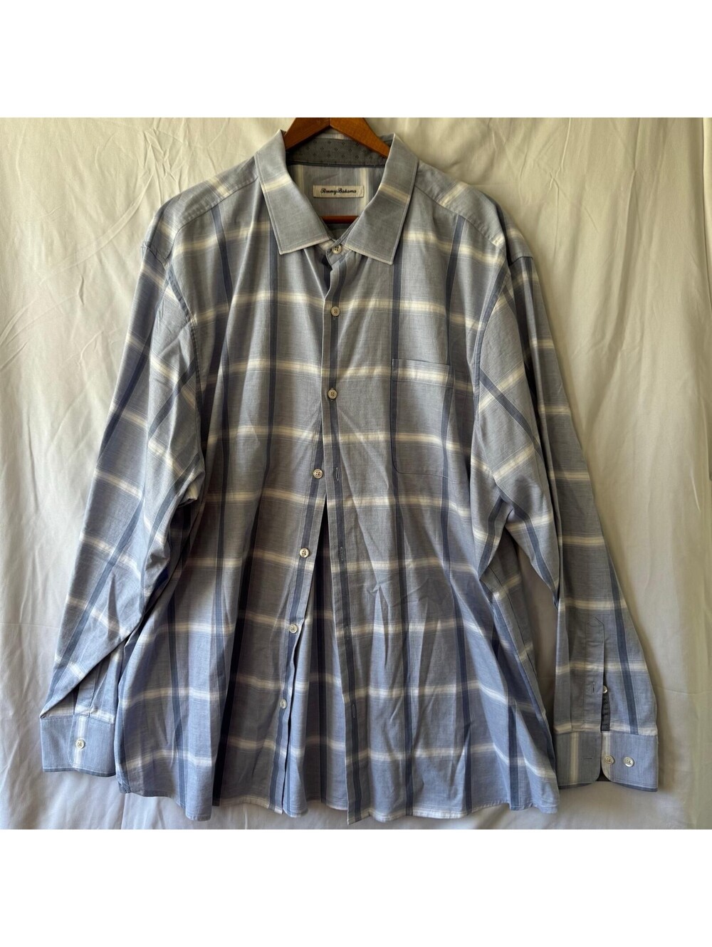 Tommy Bahama XXL Shirt Mens Plaid Blue Cotton Stretch Button Pocket